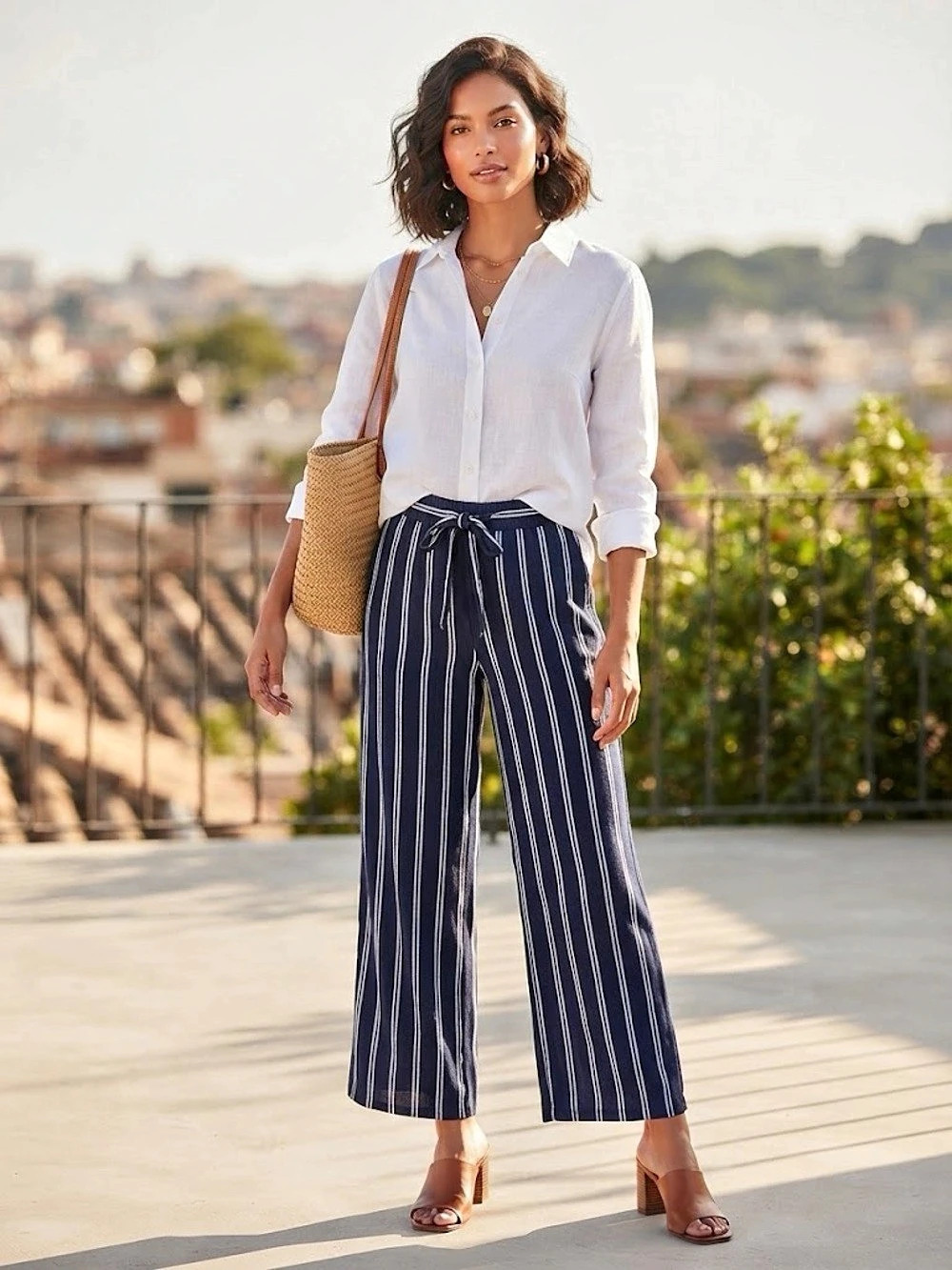 A New Day Blue White Striped Wide Leg Pants Drawstring Elastic Waist Beach Flowy